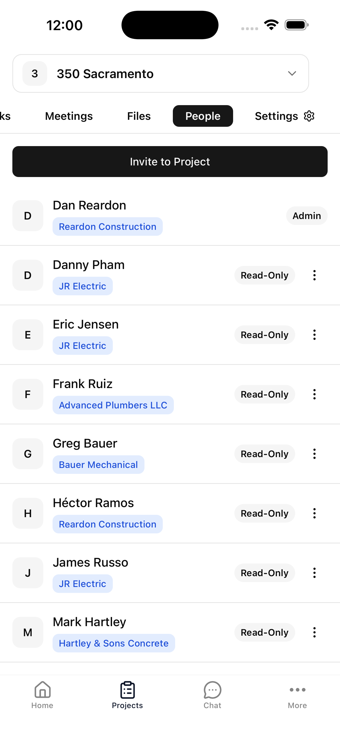 People list in Logkeeper showing project team members and companies