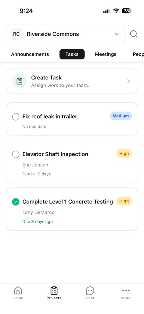 Tasks list in Logkeeper with priorities, assignees, and due dates